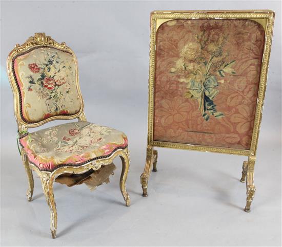 A French giltwood and gesso salon chair, circa 1830 and a giltwood firescreen.